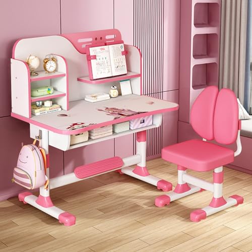 tinysiry Schreibtisch- und Stuhl-Set für Kinder, höhenverstellbar, mit großem Schreibbrett, Bücherregal und Schublade, ergonomischer Schreibtischstuhl mit Astronautenmuster, Rosa