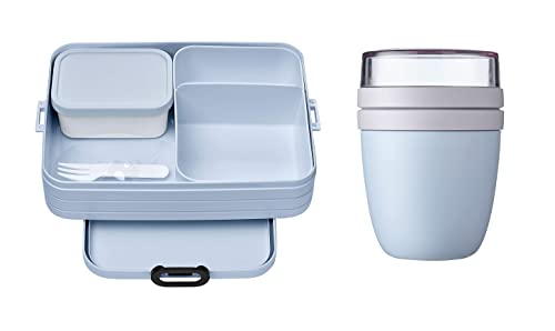 Mepal 2-tlg Starter Set Snacks to go – Bento-Lunchbox Large mit Lunchpot – praktischer Müslibecher – Brotdose mit Fächern, geeignet für bis zu 8 Butterbrote, Old Nordic Blue