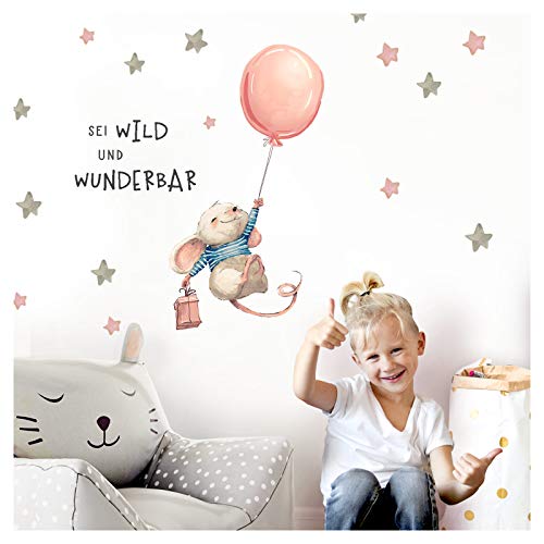 Little Deco Aufkleber Maus mit Spruch Sei wild I L - 40 x 79 cm (BxH) I Luftballon Wandbilder Wandtattoo Kinderzimmer Mädchen Tiere Deko Babyzimmer Kinder DL314