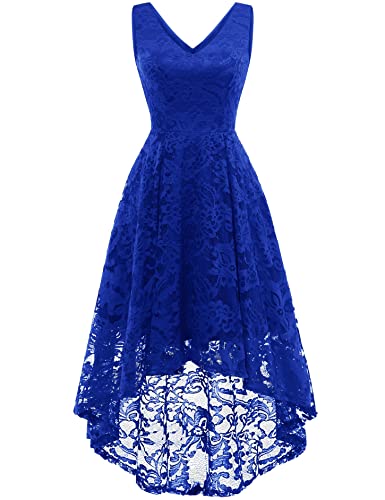 MuaDress 6666 Damen Kleid Ärmellose Cocktailkleider Knielang Abendkleider Elegant Spitzenkleid V-Ausschnitt Asymmetrisches Brautjungfernkleid Royalblau M