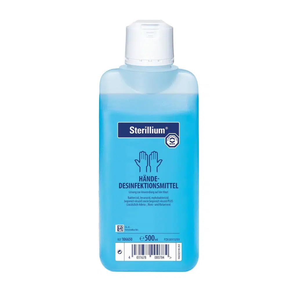 Sterillium Hände-Desinfektionsmittel | 4 x 500 ml Flasche + 1 Dosierpumpe, Gele, Flüssigkeit, Unparfümiert