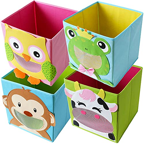 TE-Trend 4 Stück Textil Faltbox Spielbox Tiermotive Frosch AFFE Eule Kuh Aufbewahrung Truhe für Spielzeug faltbar 28 x 28 x 28 cm