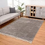 carpet city Teppich Wohnzimmer - Shaggy Hochflor Grau - 140x200 cm Einfarbig - Moderne Teppiche mit Fransen