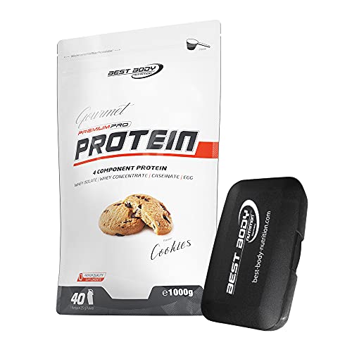 1kg Best Body Nutrition Gourmet 4 Komponenten Protein Eiweißshake - Set inkl. Protein Shaker / Gratiszugabe (Cookies, Best Body Tablettenbox)
