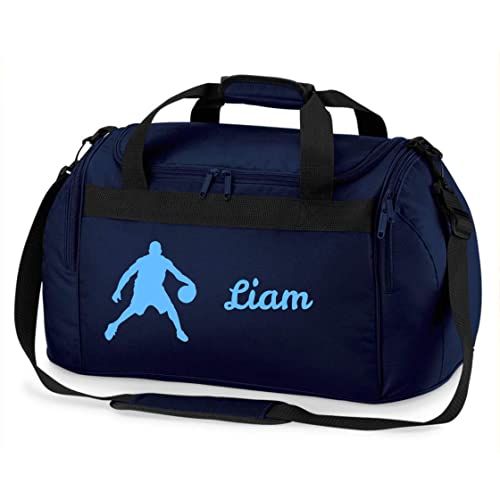 Sporttasche mit Namen Bedruckt für Kinder | Personalisierbar mit Motiv Basketball Spieler | Reisetasche Duffle Bag für Jungen Mädchen Sport (dunkelblau)