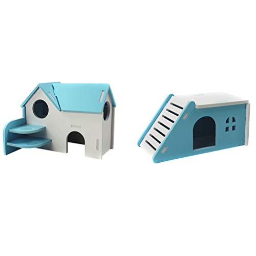 POPETPOP Hamsterhaus, aus Holz, mit Rutsche, zweilagig, für kleine Haustiere, Ratte, Maus, Blau, 2 Stück