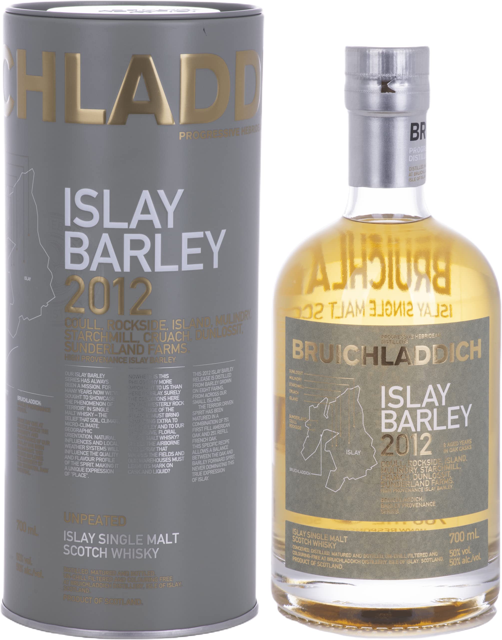 Bruichladdich ISLAY BARLEY Coull, Rockside, Mulindry, Starchmill, Cruach und Dunlossit 2012 50% Vol. 0,7l in Tinbox