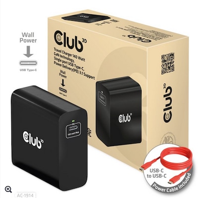 Club 3D CAC-1914 Ladegerät 140 Watt GaN-Technologie, Einzelanschluss USB Typ-C, Power Delivery (PD) 3.1 Unterstützung