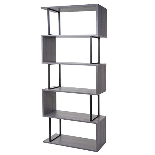 Bücherregal HWC-A27, Standregal Wohnregal, 183x80cm 3D-Struktur 5 Ebenen - grau, Metall schwarz