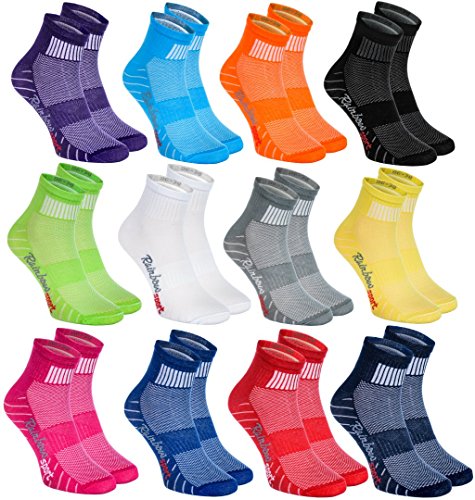 Rainbow Socks - Damen Herren Bunte Baumwolle Sport Socken - 12 Paar - Lila Schwarz Grün Grau Blau marine Blau Pink Orange Rot Weiß Blau Gelb - Größen EU 42-43