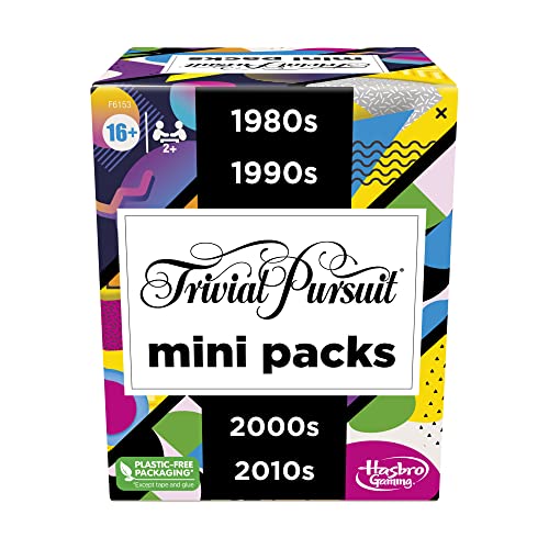 Trivial Pursuit Mini-Packungen, Multipack, lustige Wissenswerte Fragen für Erwachsene und Jugendliche ab 16 Jahren, enthält 4 Spiele mit 4 Jahrzehnten