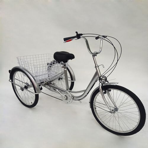 Dreirad für Erwachsene 24 Zoll 6 Gang 3 Rad Seniorenrad Erwachsenendreirad Einkauffahrrad mit Körb Trike Tricycle für Shopping Transport Fahrrad Seniorenfahrrad Fahrzeug Höhe 110-120cm Silber