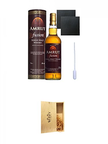 Amrut Fusion Indischer Whisky 0,7 Liter + 2 Glencairn Gläser + 2 Schieferuntersetzer 9,5 cm + Einwegpipette 1 Stück + 1a Whisky Holzbox für 2 Flaschen mit Schiebedeckel