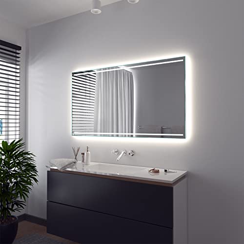 SARAR Badspiegel Badezimmerspiegel Casoria mit LED-Beleuchtung nach auf Maß Wandspiegel mit integriertem Licht Leuchtspiegel Bad 60x60cm