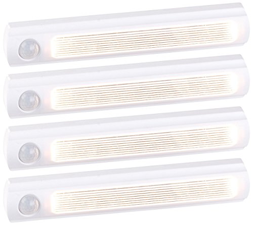 Luminea LED-Licht-Leisten: 4er-Set Batterie-LED-Schrankleuchten, PIR- & Lichtsensor, 6000K,0,6 W (Unterbau-LED-Leisten)