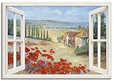 ARTland Leinwandbilder Bild Leinwand Wandbilder 100x70 cm Fensterblick Landschaft Toskana Italien Mohnblumen Blumen Natur C8ZS