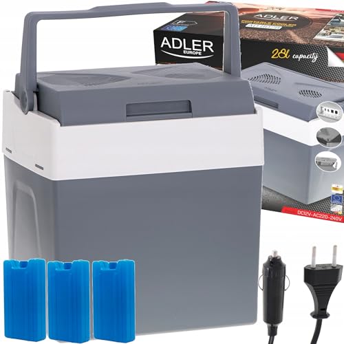 ADLER EUROPE - Kühlbox mit Griff 28 L - Tragbare Autokühlbox - Set mit Autokabel und Steckdose - Camping-Kühlbox zum Kühlen von Getränken - Heizfunktion