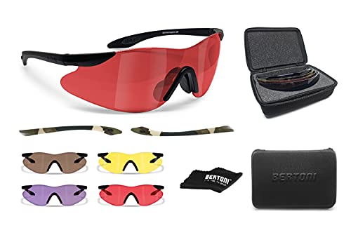 BERTONI Schießbrille mit 4 Wechselgläser mit Tragetasche und Zusätzliches Bügel - SH890 Ballistische Schutzbrille Sportbrillen Für Herren und Damen