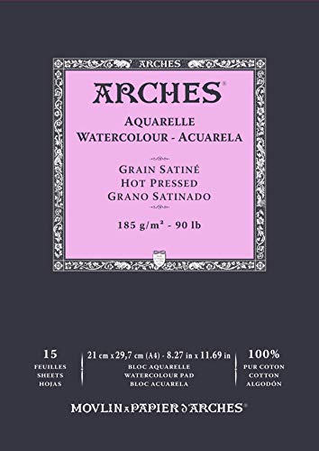 Bloc Enc 21x29,7 15H Arches Aquarelle 100% Satin 185g Blanc Nat