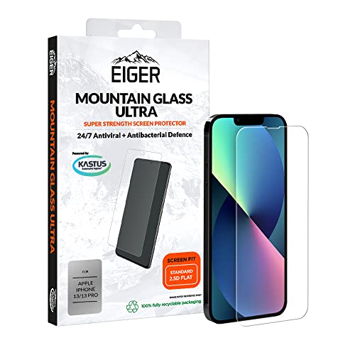 EIGER Mountain Glass Ultra Displayschutzfolie für iPhone 13 / 13 Pro, antibakteriell, 2,5D, transparent, mit Reinigungsset