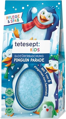tetesept KIDS Badeüberraschung Pinguin Parade – Sprudelnde Badekugel mit frischem Duft und Pinguin-Sammelfigur – Sprudelnder Badespaß und blaues Wasser – 6 x 190 g