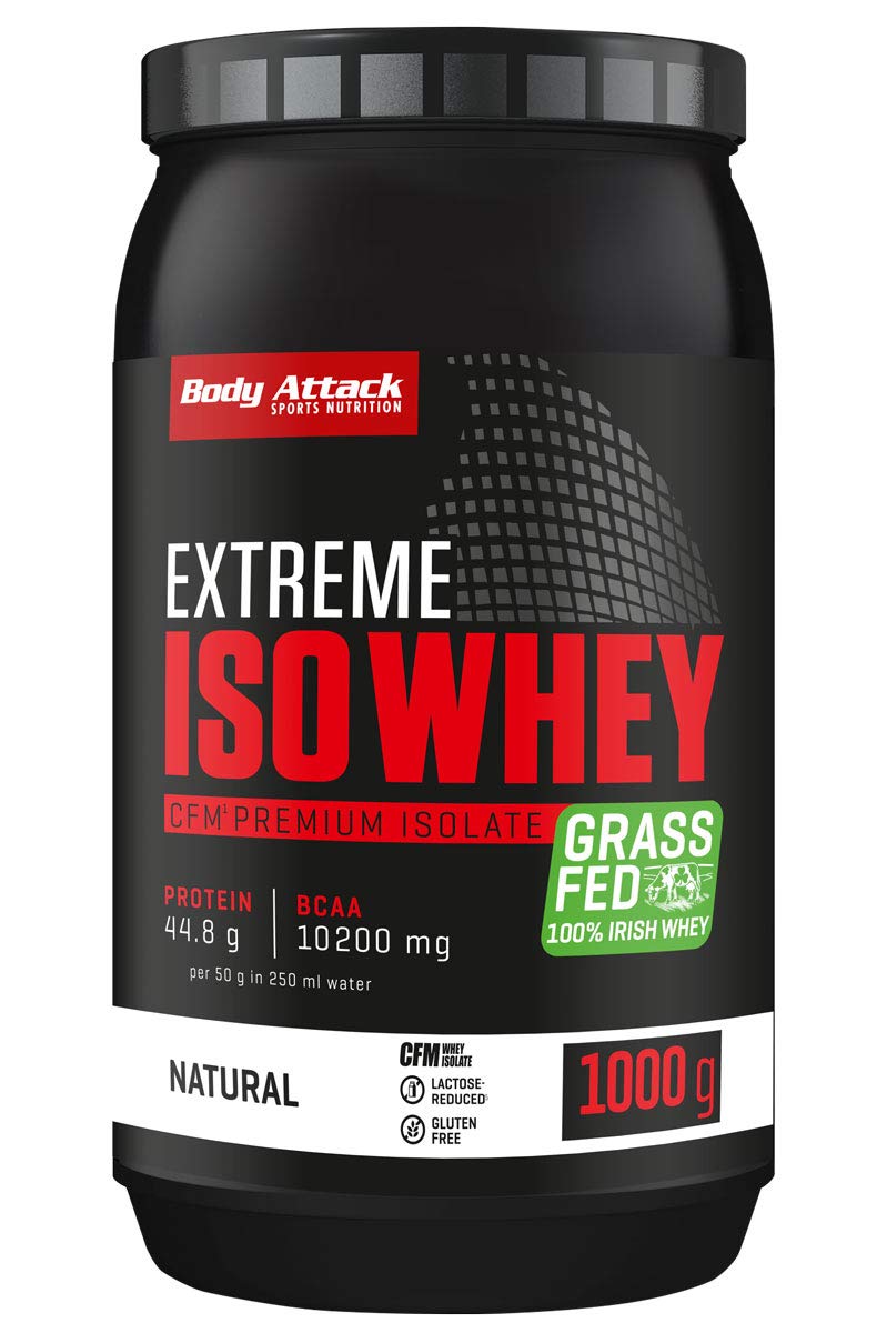 Body Attack Extreme Iso Whey, Neutral, 1 kg, CFM Whey Protein Isolat aus 100% irischer Weidemilch, glutenfrei, reich an EAAs, perfekt löslich, fettarm, ohne Aspartam, 90,6% Isolat-Anteil