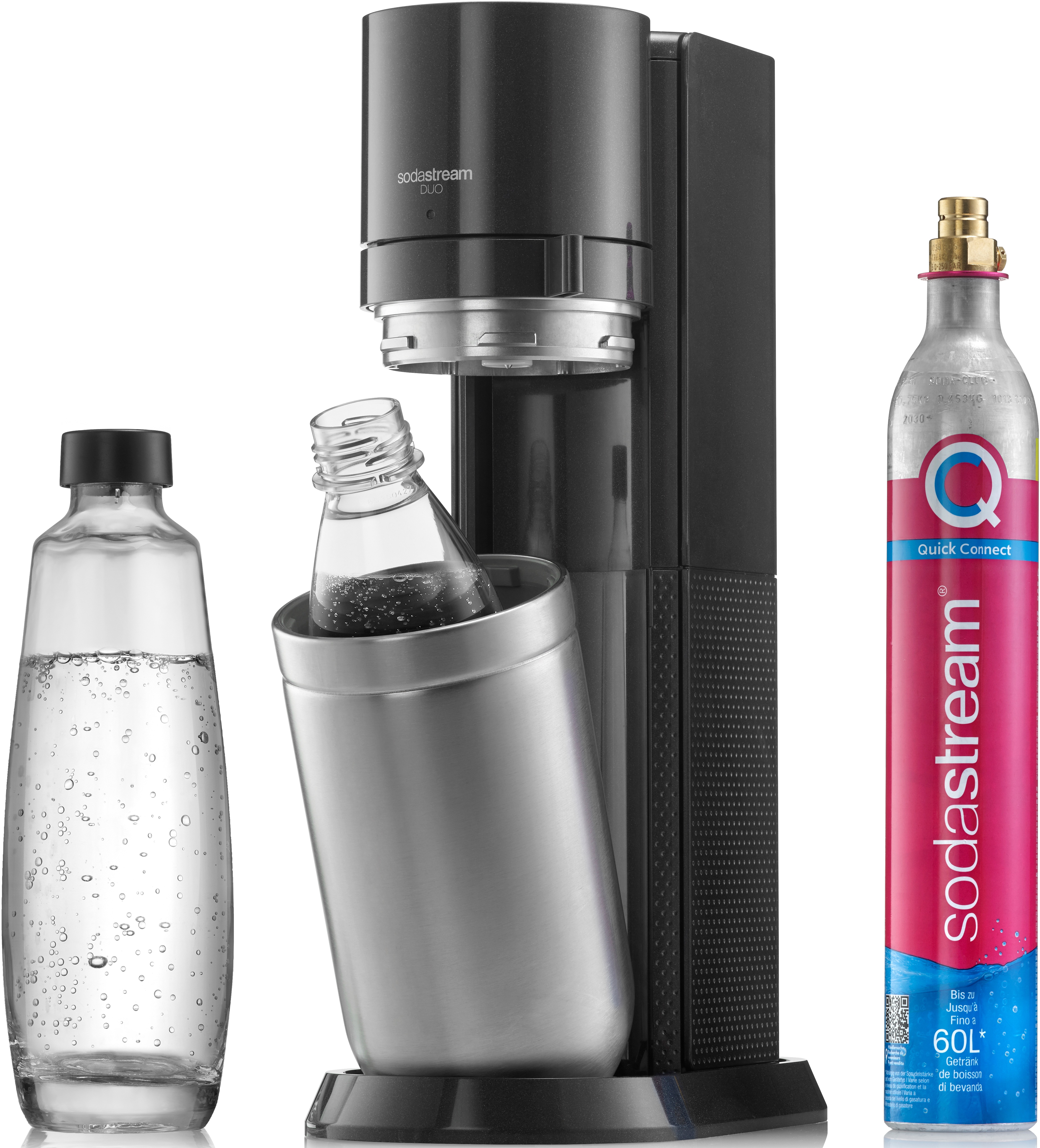 SodaStream Wassersprudler Duo mit CO2-Zylinder, Glasflasche und 2X 1L spülmaschinenfeste Kunststoff-Flasche, Höhe: 44cm, Farbe: Titan, 29x25.6x44.4
