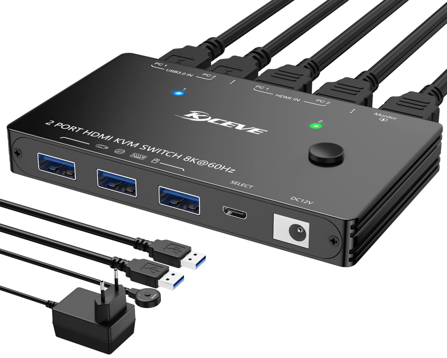 USB3.0 HDMI KVM Switch 2 PC 1 Monitor 8K@60Hz 4K@120Hz, KVM Switch mit HDMI2.1 und 4 USB 3.0 Ports für 2 PC Sharing 1 Monitor und Tastatur, Maus, mit Netzteil, Kabelfernbedienung und 2 USB3.0-Kabeln