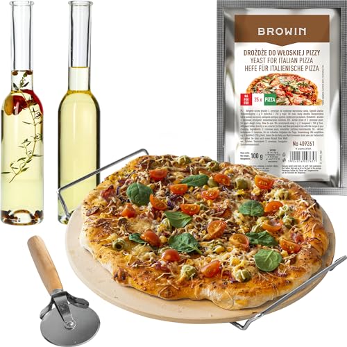 BROWIN® Pizza Starter-Kit : runder Pizzastein 33cm + Pizzaroller + Trockenhefe + 2 x Ölfläschchen | Hochwertiger Keramikstein zum Pizzabacken und Brot im Ofen + Inklusive Griff | Komplettes Set