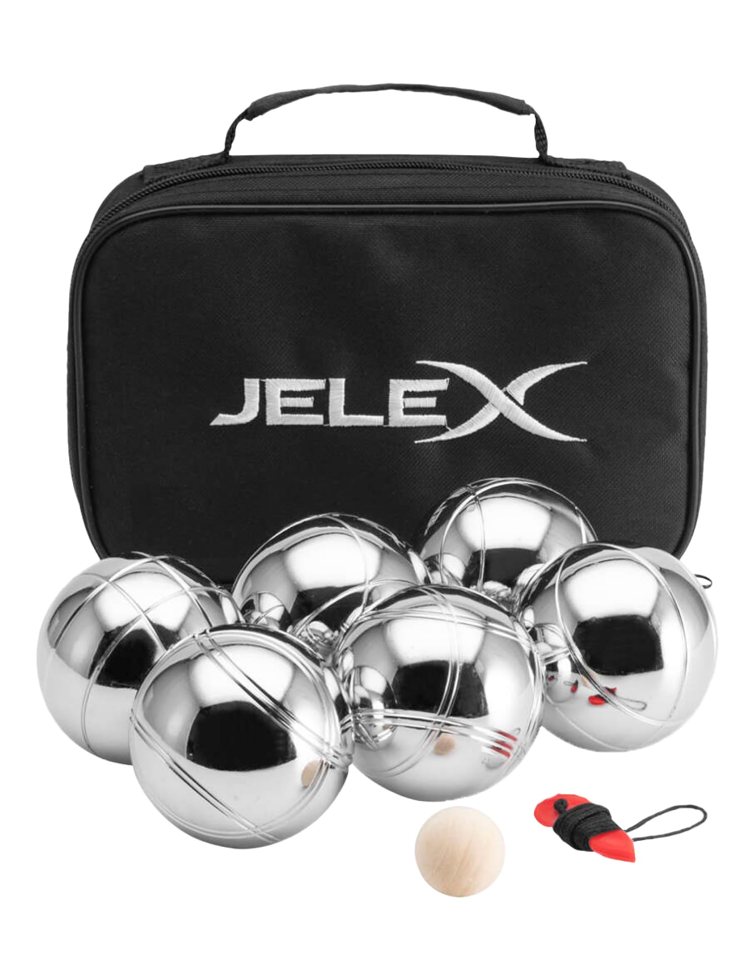 JELEX Throwback Boccia Boule 6er-Set Metall-Kugeln mit DREI verschiedenen Musterungen, Abstandsmesser, Holz-Markierungskugel, inkl. Tragetasche mit Tragegriff, für Erwachsene und Kinder