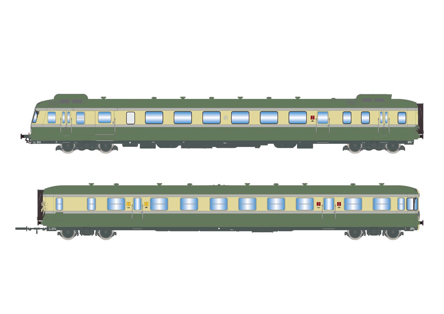 SNCF Dieseltriebwagen RGP II X 2719 und Beiwagen XRAB 7708, grün-beige Lackierung, mit Abgasleitblechen, aktualisiertes Logo, Periode IV