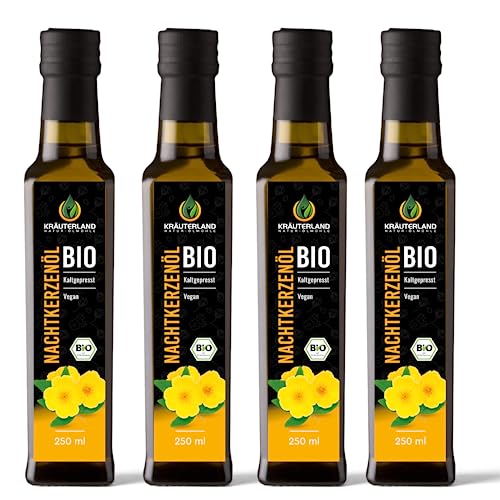 Kräuterland Bio Nachtkerzenöl, BIO-zertifiziert, kaltgepresst, 100% naturrein, 1000ml, Speiseöl in Gourmetküche, Naturkosmetik Haut- und Haarpflege, Massageöl (4 x 250ml)