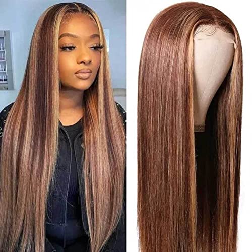 Lace Front Echthaarperücke 4/27 HD Lace Front Echthaarperücke mit Babyhaar 150% Dichte Honey Gold Straight Lace Front Perücke 180density,14inches