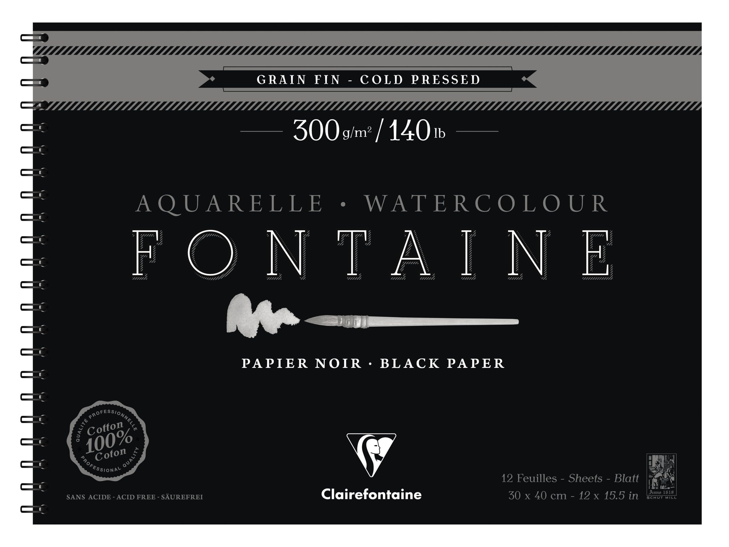 Clairefontaine 975312C - Malblock Fontaine mit Spiralbindung mit 12 Blatt, feine Körnung 300g 30x40cm, Schwarz