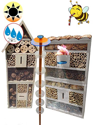 Nistkästen blau hellblau als 2X Lotus Bienenhotel, Premium Insektenhotel MIT BIENENTRÄNKE,XXL Bienenstock & Bienenfutterstation für Wildbienen, Schmetterlinge Insekten Florfliegen Marienkäferhaus