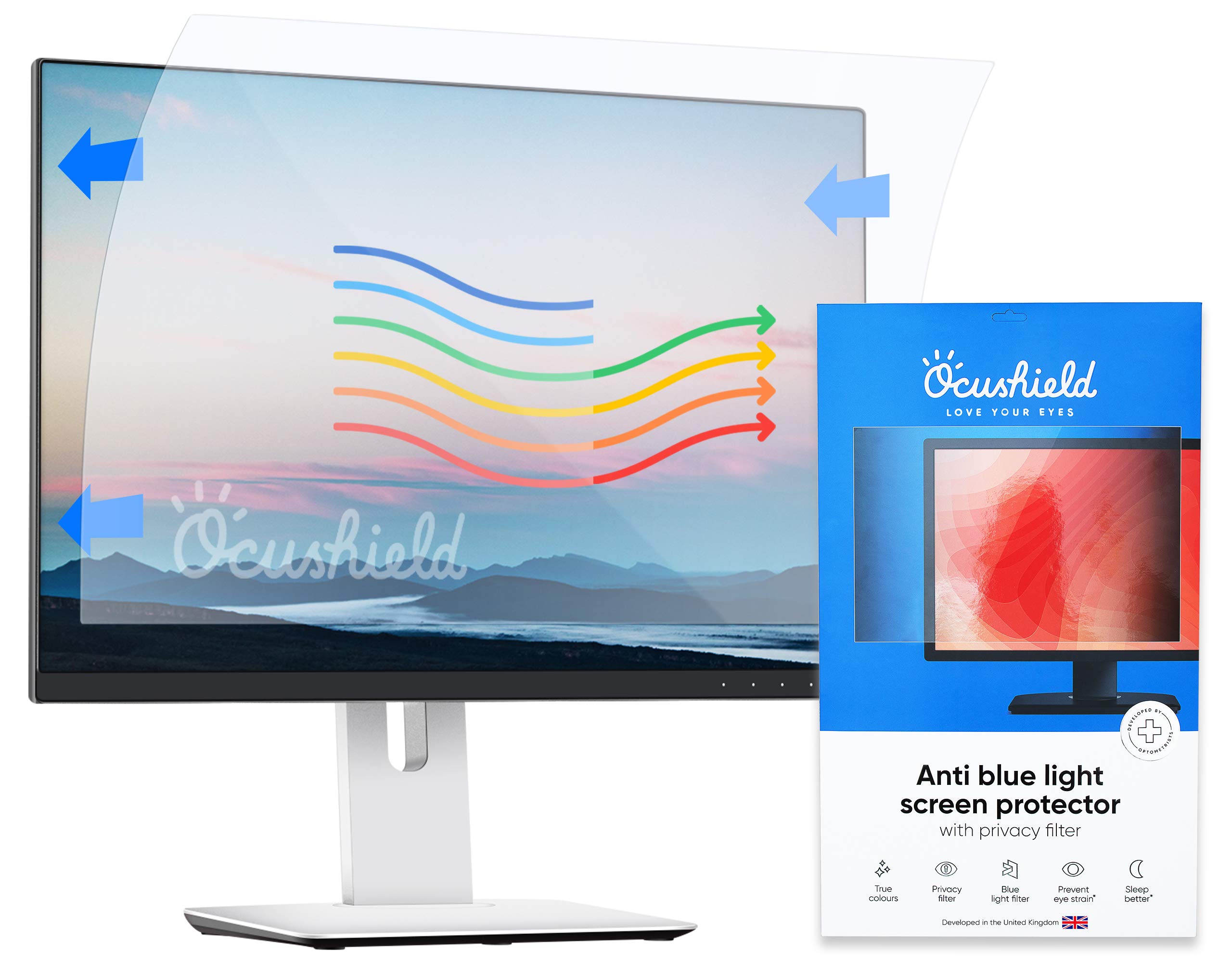 Ocushield Anti-Blaulicht 477 x 268mm PC Monitor Bildschirmschutz mit Privacy Filter – PC Bildschirm mit Blue-Light Sperrung – Blaulicht-Filter