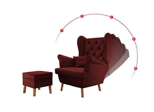 GrekPol Ohrensessel Classic mit Hocker Relaxliege Fernsehsessel verstellbare Rückenlehne (10 Knöpfe, Falcone Red)