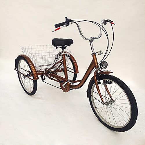 Ethedeal Dreirad Fahrrad 6 Gange 3-Rad Fahrrad mit Einkaufskorb und Lamp 24 Zoll, Trike Bike Radfahren für Erwachsene und Senioren, zum Reisen, Reiten und Einkaufen (Gold)
