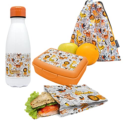 NERTHUS FIH 1016 SET Doppelwandige Flasche Edelstahl + Lunchbox + Sandwich Tasche + Löwenrucksack