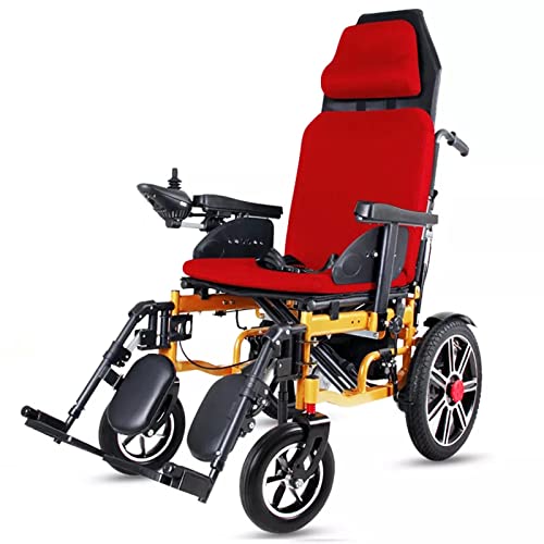 Automatische Liege-Elektrorollstühle, Bequemer Elektrischer Rollstuhl Für Erwachsene, Motorisierter Faltrollstuhl Mit Doppelsteuerung, Tragbarer Reiserollstuhl Mit Kopfstütze,Rot
