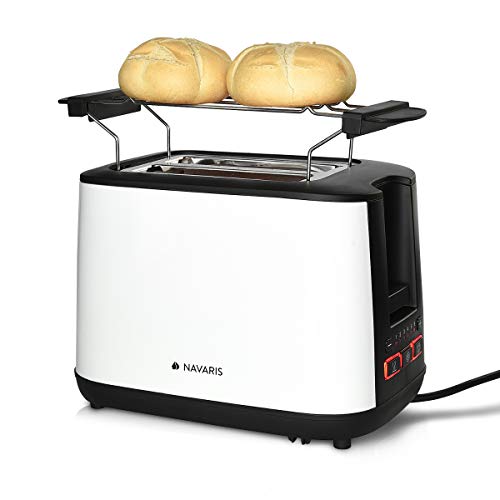 Navaris Doppelschlitz Toaster mit Brötchenaufsatz - 2 extragroße Toast Schlitze - 6 Stufen - automatische Brotzentrierung - 1000W - Weiß