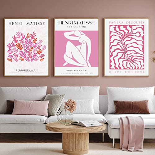 Henri Matisse Poster, Blumen, Ausschnitte, rosa, elegante Ausstellung, Wandkunst, Druck, Leinwand, Gemälde, Wandbilder, Heimdekoration, 50 x 70 cm, 3 Stück, rahmenlos