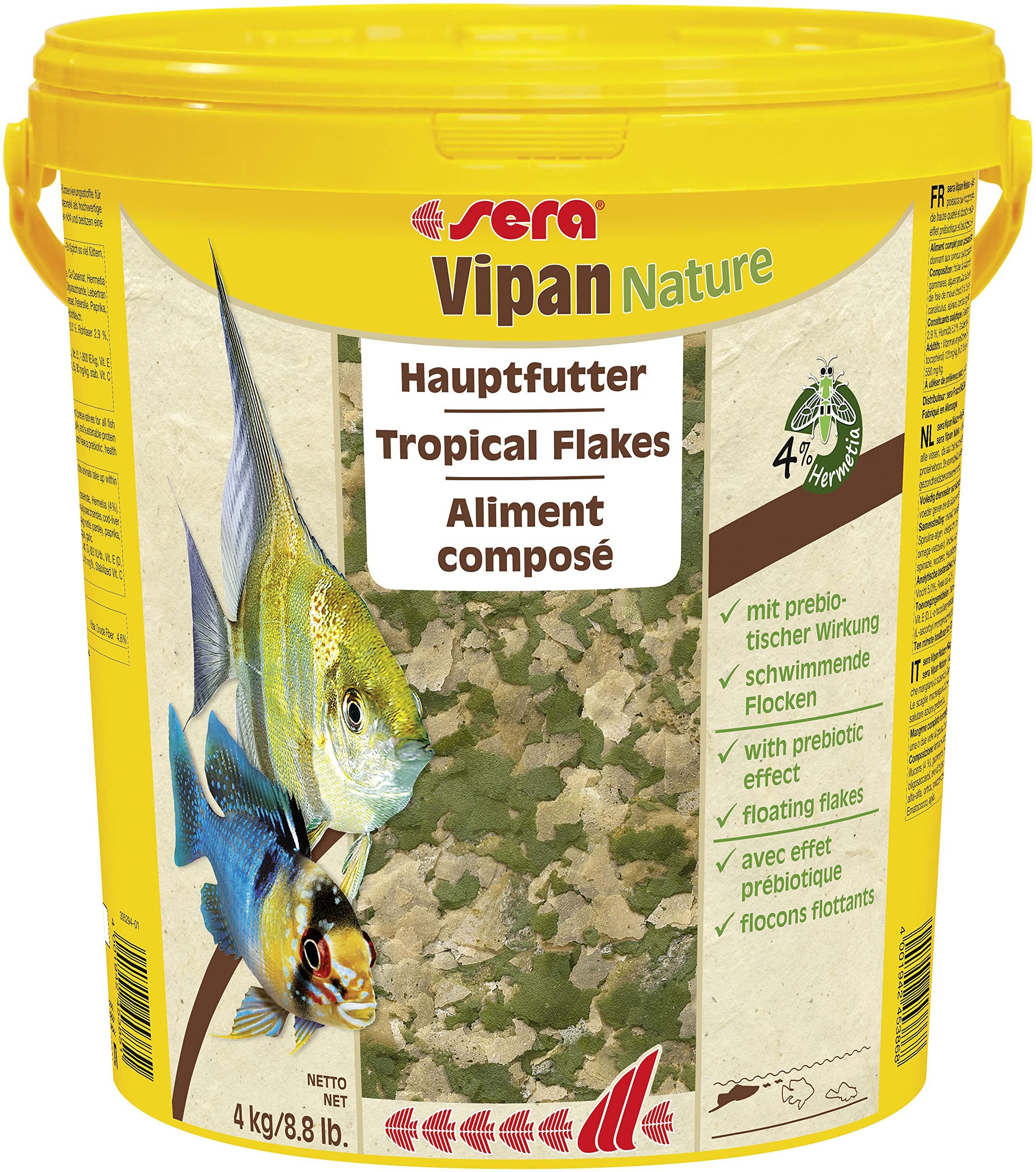 sera Vipan Nature 21 L (4 kg) - Hauptfutter mit 4% Insektenmehl und prebiotischer Wirkung, Flockenfutter fürs Aquarium, Fischfutter mit sehr hoher Futterverwertbarkeit und somit weniger Algen
