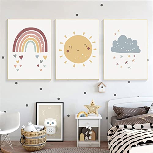 GLITZFAS Poster Kinderzimmer Bilder Deko Babyzimmer 3er Set Bilder Kinderzimmer Für Kinder Ohne Rahmen - Sonne, Regenbogen, Wolken (50x70cm)