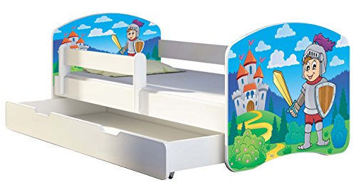 Kinderbett Jugendbett mit einer Schublade und Matratze Weiß ACMA II 140 160 180 40 Design (180x80 cm + Bettkasten, 32 Ritter)