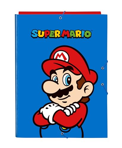 Safta -M068 Super Mario Play-Ordner mit 3 Klappen, ideal für Kinder unterschiedlichen Alters, bequem und vielseitig, Qualität und Widerstandsfähigkeit, 26 x 36,5 cm, Blau/Rot, Standard (512371068),