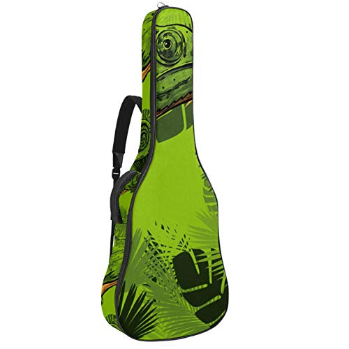 Gitarrentasche mit Reißverschluss, wasserdicht, weich, für Bassgitarre, Akustik- und klassische Folk-Gitarre, grünes Chamäleon auf Ast tropischer Blätter