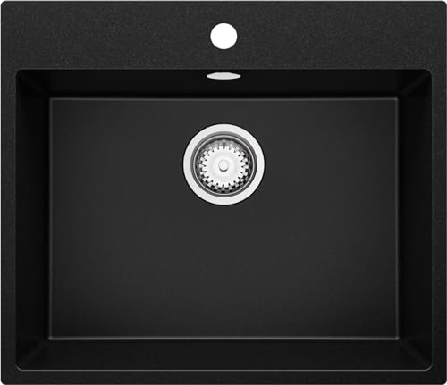 Spülbecken Schwarz 58x50 cm, Granitspüle 1 Becken + Ablauf-Set, Küchenspüle ab 60er Unterschrank, Einbauspüle von Primagran