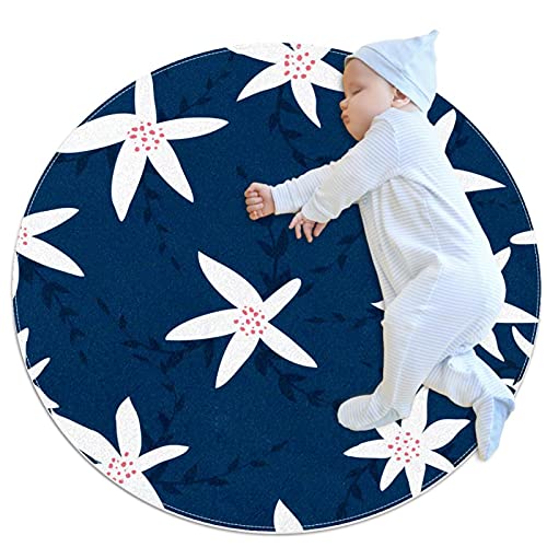 Area Rug weiße Blumen Runde Teppiche Weiche, schmutzabweisende Teppichbodenmatte für zu Hause 100x100cm