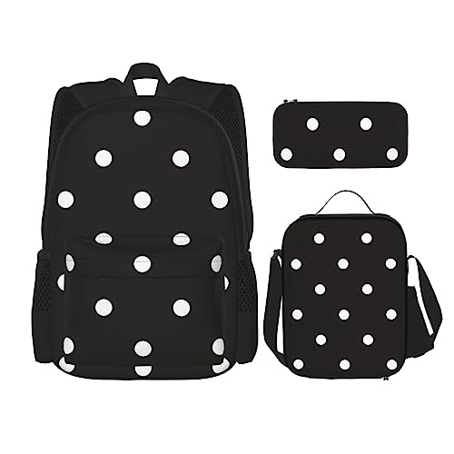 PartyUnix Dot Black & White Prints Rucksack 3-teiliges Schulranzen mit Lunchbox und Federmäppchen Set - Geeignet für Jungen und Mädchen, Schwarz , Einheitsgröße, Kinderrucksack